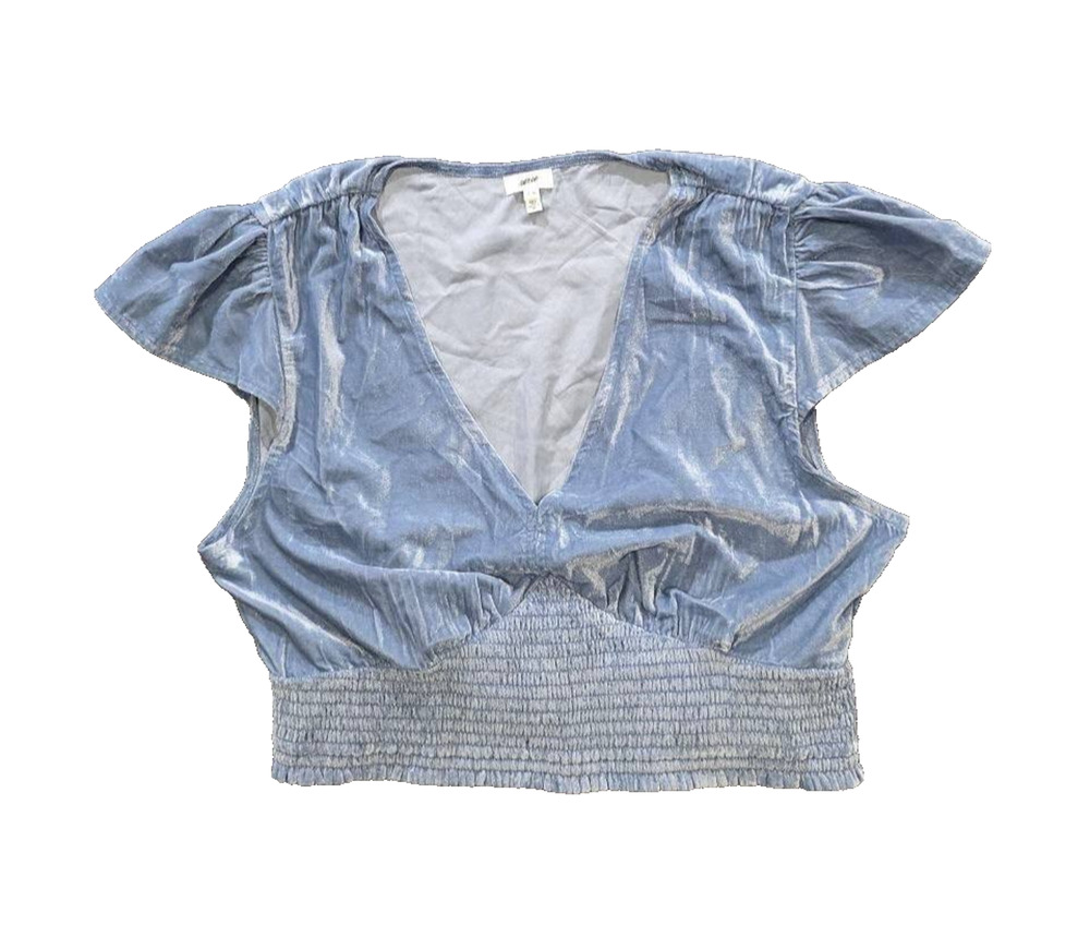 Aerie Crushed Velvet Crop Top Large Y2K Blue babydoll Flutter Sleeves A011310